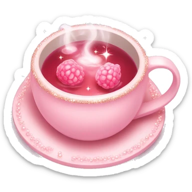 soft pink mug filled with steaming hot raspberry tea, decorated with blush pink pearl and sparkly embellishments (aesthetic, cute) sticker