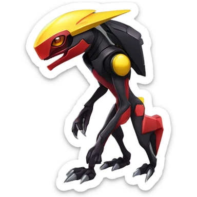 a shiny black-red-yellow Genesect-Raptor-Fakémon—hybrid with a futuristic visor-helmet full body sticker