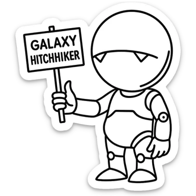 A robot hitchhiking across the galaxy, holding a sign that says 'Galaxy Hitchhiker', minimalist and abstract, line art style sticker