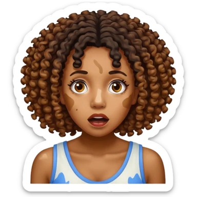 Emoji of a very shocked black female with vitiligo (alot of vitiligo patches) give her more curly hair sticker