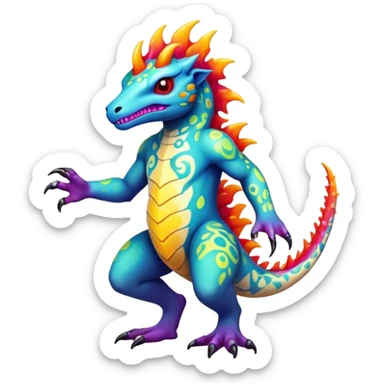 a colorful edgy vernid-fionbri-creature with splash patterns full body sticker