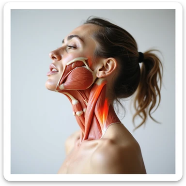 realistic anatomical view of a woman showing cervical muscle contractures, tense neck muscles, expression of pain, neutral background sticker