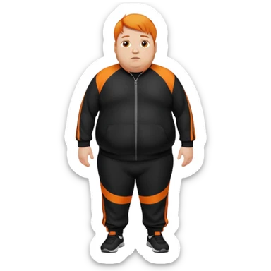 Extremely fat man with orange hair wearing black tracksuit with orange lines sticker