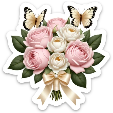A vintage-inspired wedding bouquet of blush pink roses and fluffy white peonies, tied with an intricate ivory satin ribbon, surrounded by golden filigree accents and soft-focus pearl butterflies fluttering around. sticker