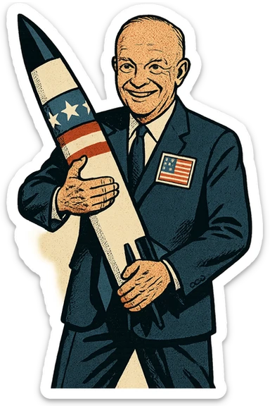 a full body of US president Eisenhower who is smiling and wearing a suit with a large USA flag badge. He is holding an American nuclear missile close to his body sticker