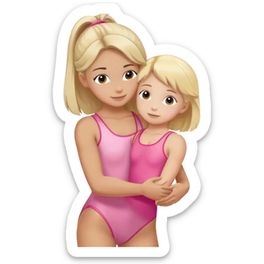 brunette trainer hugs a blonde child in a pink leotard ою в рожевому трико  sticker