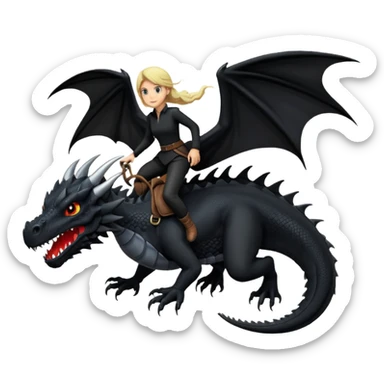Extreme huge black dragon flying with a small female rider on top of it with black clothes sticker
