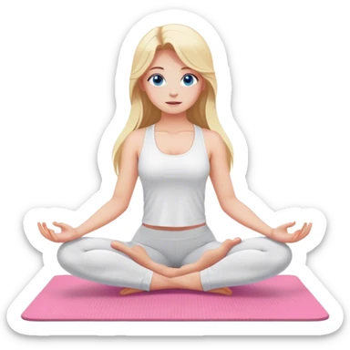 Cinematic realistic blonde with long hair and blue eyes, dressed in a white top and leggings, does yoga on a pink mat sticker
