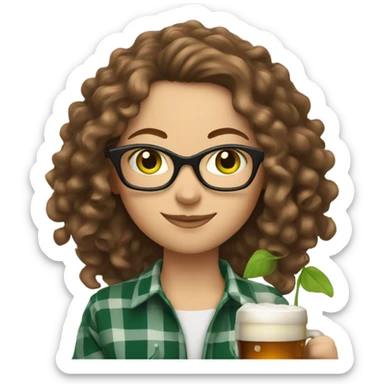 White woman with long brown curly hair, green eyes and glasses wearing plaid and holding a pint of beer sticker
