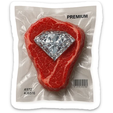 meat steak with sparkling diamond facets, glossy and puffy, vacuum-sealed style sticker