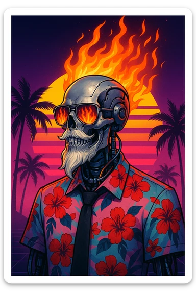 A cybernetic humanoid skeleton with a metallic silver skull, visible mechanical components, and a stylized white beard. The figure wears reflective sunglasses showing flames, with vivid orange and red flames erupting from the head like a mane. Dressed in a Hawaiian shirt with red hibiscus flowers on a pink and blue gradient, and a black tie. Mechanical parts and glowing tubing are visible under the collar. Background: synthwave sunset with a large stylized sun, neon gradients, and silhouetted palm trees. Style: cyberpunk, vaporwave, retrofuturism. sticker