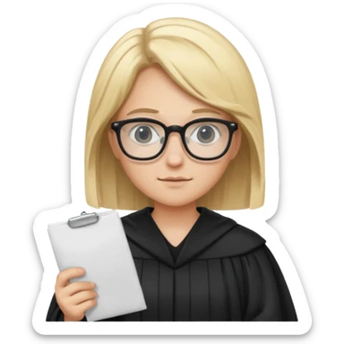 Young judge, blonde hair with glasses and robe, hold a paper sticker