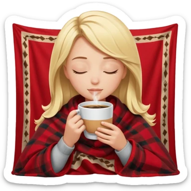 Blonde girl inside a blanket sipping coffee eyes closed sticker