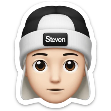 luca wearing a white beanie with a black square logo that says "Steven" on it
 sticker