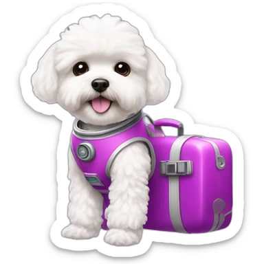 a white maltipoo as purple astronaut with a pink luggage sticker