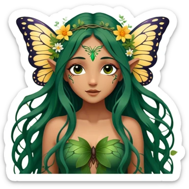 Cinematic Realistic Forest Nymph Fairy Portrait, depicted with lifelike, sun-kissed tanned skin that radiates an earthy glow, softly illuminated by natural, dappled light. Her long, flowing dark green hair is intricately detailed and interwoven with delicate vines and wildflowers, while her deep, soulful eyes mirror the wisdom of the forest. Dressed in an attire inspired by nature’s palette—with subtle botanical motifs—the portrait exudes a soft, enchanted glow that melds realism with woodland magic showing her large butterfly wings. sticker