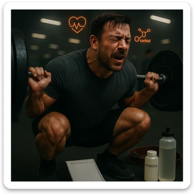 Add floating icons above the subject's head indicating high RPE and slightly elevated cortisol levels, maintaining the cinematic style and original color palette. sticker