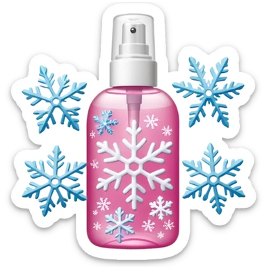 pink body mist bottle with white snowflakes sticker