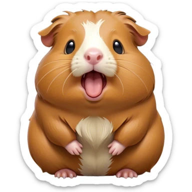 Cinematic Cute Yawning Brown Guinea Pig Portrait Emoji, Head tilted slightly with a dramatic, wide-open yawn, revealing a soft brown coat and tiny, droopy ears, round dark eyes barely open in drowsy contentment, Simplified yet irresistibly adorable features, highly detailed, glowing with a soft, cozy glow, high shine, relaxed yet expressive, stylized with a touch of whimsy, bright and endearing, soft glowing outline, capturing the essence of a sleepy yet affectionate guinea pig, so drowsy it feels like it could stretch out of the screen and curl up for a nap! sticker