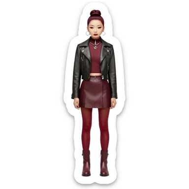 Apple emoji style. Full-body East Asian woman with a single sleek bun below the ears. Oversized hip-length black leather jacket, black turtleneck, silver Vivienne Westwood orb necklace. Low-waist A-line burgundy leather skirt, burgundy tights, red long boots. sticker