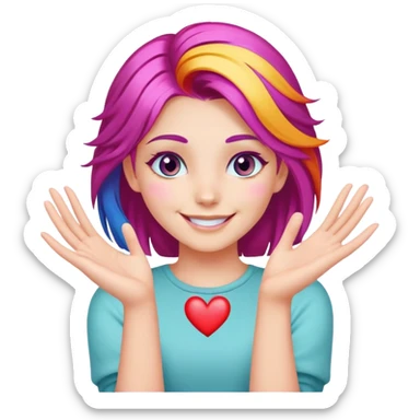 chica de cabello colorido y ojos coloridos sonriendo mientras crea un corazón con sus manos sticker