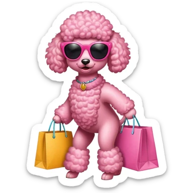 Pink poodle wearing sunglasses walking with shopping bags sticker