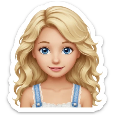 create an emoji of a young woman. She has a soft and gentle look, with long blonde messy but wavy hair, blue eyes, tanned skin, natural soft pink lips. she wears a very white lacy top with an overall sticker