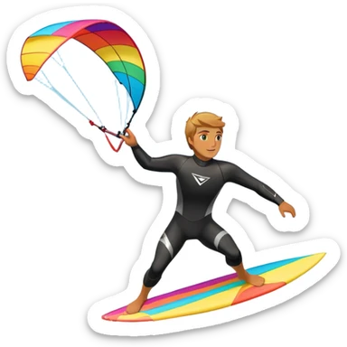 the sun shining and the ocean's waves splashing around. A kite surfer gliding across the ocean, with a colorful kite soaring high in the sky and the surfer carving through the waves. The scene captures the energy and freedom of the sport sticker