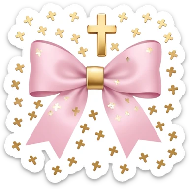 super pale pink bow confetti but the paper confetti are the pale pink bows all spread out with white tiny glitter and then with golden crosses on it and a white band in the mjddle sticker