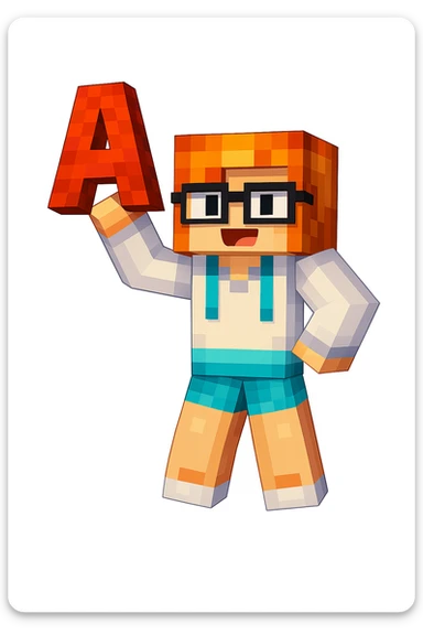 Edit the image to make the character hold the letter A in their hand, keeping the original Minecraft cartoon style and pose. Only add the letter A, do not change anything else. sticker