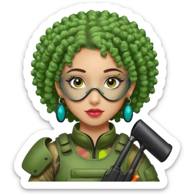 green curly haired painitball player with big earrings guy shot with colors sticker