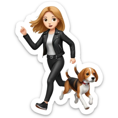A beautiful tall girl with fair skin and long hair wearing a black leather jacket and black pants running with Beagle sticker