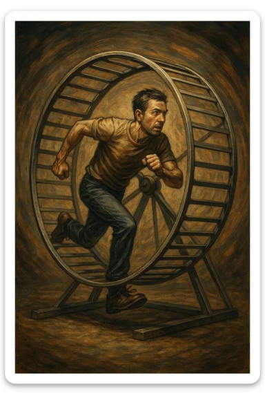 uomo che corre dentro la ruota del criceto come un circolo vizioso sticker