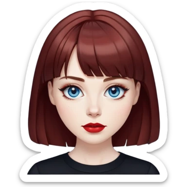 Woman in her early 50s with pale skin, wider face, blue eyes with eyeliner, thin eyebrows, red lipstick, dark auburn hair with bangs, wearing a black top sticker