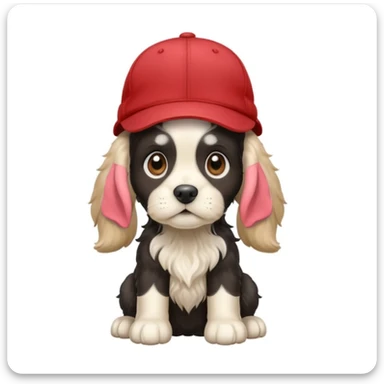 A black and white Russian Cocker Spaniel puppy wearing a cap, facing left sticker