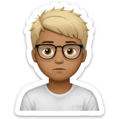 Teenager. Short buzz, messy blonde hair. Dark brown bushy eyebrows large expressive golden-brown eyes, brown skin color, scar over nose, wearing a plain white t-shirt. wearing clear thick black glasses. 20 year old male. thinking facial expression. brown skin color.  sticker