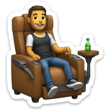 guy in gaming chair with arm rests holding a bottle sticker