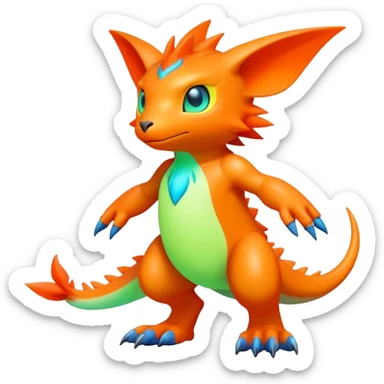 lush warm-colored modern colorful neon-colored Fakémon-Digimon-Fionbri-Trico-creature (full body) sticker