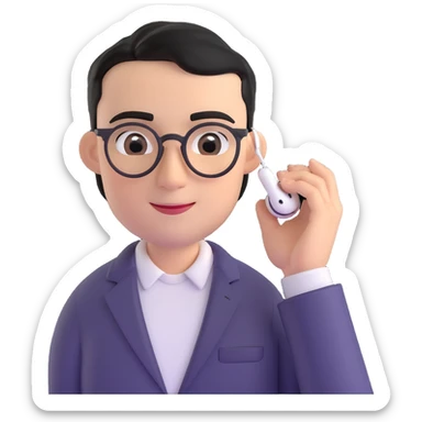 Memoji-style 3D cartoon male avatar, light skin, short black hair, parted slightly, large black eyes, thin arched eyebrows, small sharp nose, smiling, round glasses, silver AirPods Max, black blazer, white T-shirt, relaxed and smart, curious and attentive, podcast host sticker