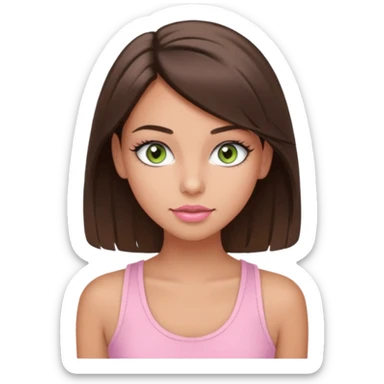 Create a teen girl wearing a light pink tank top. She will have brunette hair, tan skin, pink lips, and grey-green eyes. She has long eyelashes. sticker