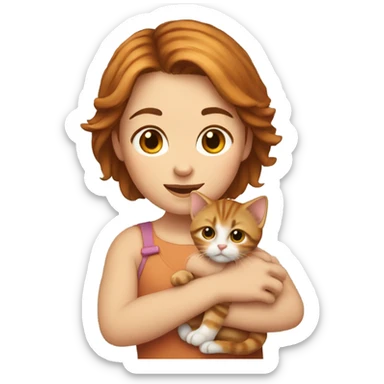 Girl with short brown hair holding tiny ginger kitten  sticker