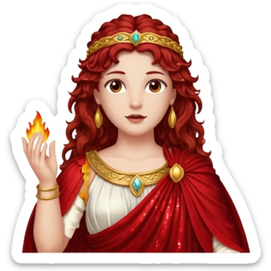 Vesta, Goddess of Hearth from Roman Deities with long dark red wavy hair, red sequin toga  sticker