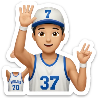 Maverick Trevillian in the crowd at an amateur basketball game. He leans towards the camera and enthusiastically shouts "six seven while performing a distinctive hand gesture: both hands open, palms facing upward, moving up and down as if weighing two options. sticker
