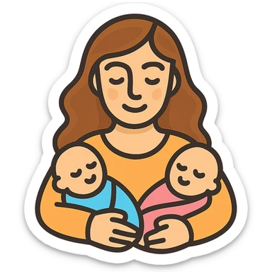 vector illustration of a mother with appearance and style like the reference, holding two babies in her arms, expressive and detailed, simple smooth lines, soft shadows and highlights, complex shapes, plasticity, light beige-brown palette, flowing hair, clear facial features, atmosphere of tenderness and coziness sticker