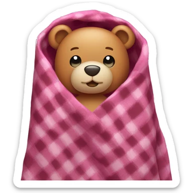 happy teddy bear in a pink plaid blanket  sticker