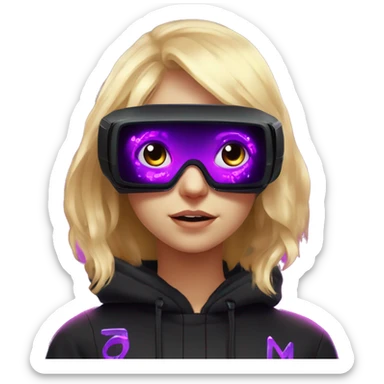 Russian cute blond student girl wearing black hoody with violet letters "OMG", in vr headset. No eyes. Cyberpunk style. Violet neon. sticker