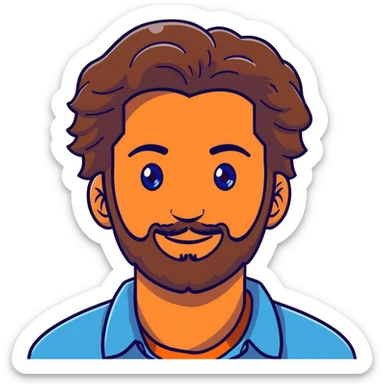 Lebanese man with one blue eye and one brown eye, light beard, kind smile, blue shirt, brown longish wavy hair sticker