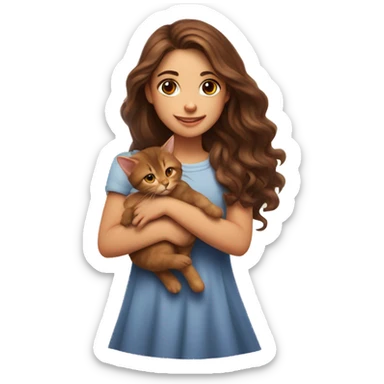 A girl with long wavy brown hair and brown eyes holds a small red kitten sticker
