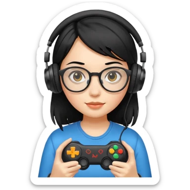 
gamer, black hair girl with glasses, headphone, gamepad sticker