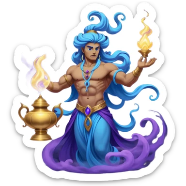 mystical fantasy illustration of a powerful jinn emerging from an ancient golden lamp. Glowing blue and purple smoke spirals upward in a smooth circular motion, creating the illusion of a looping animation.  sticker